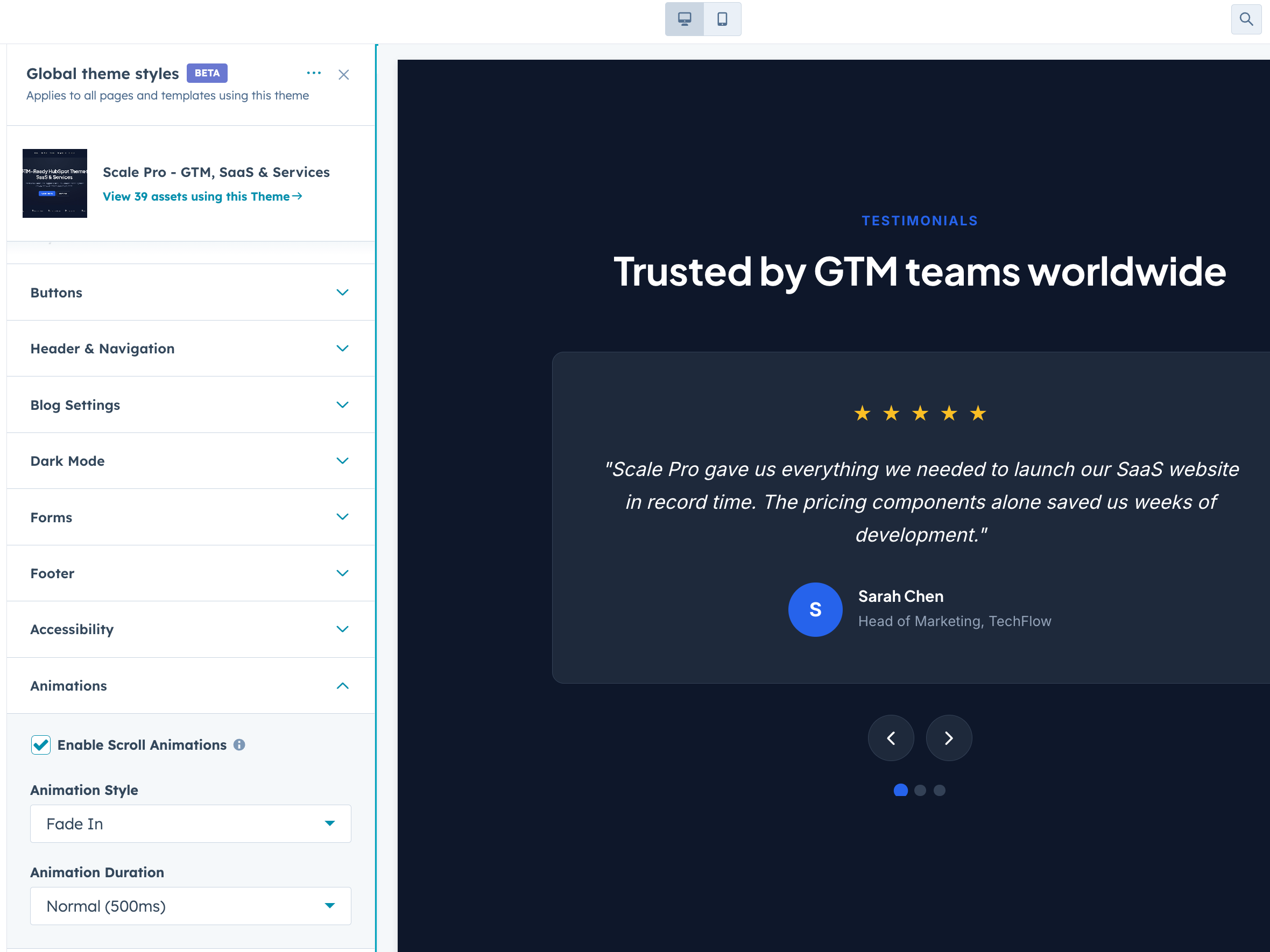 Pro theme controls (dark mode + animations)